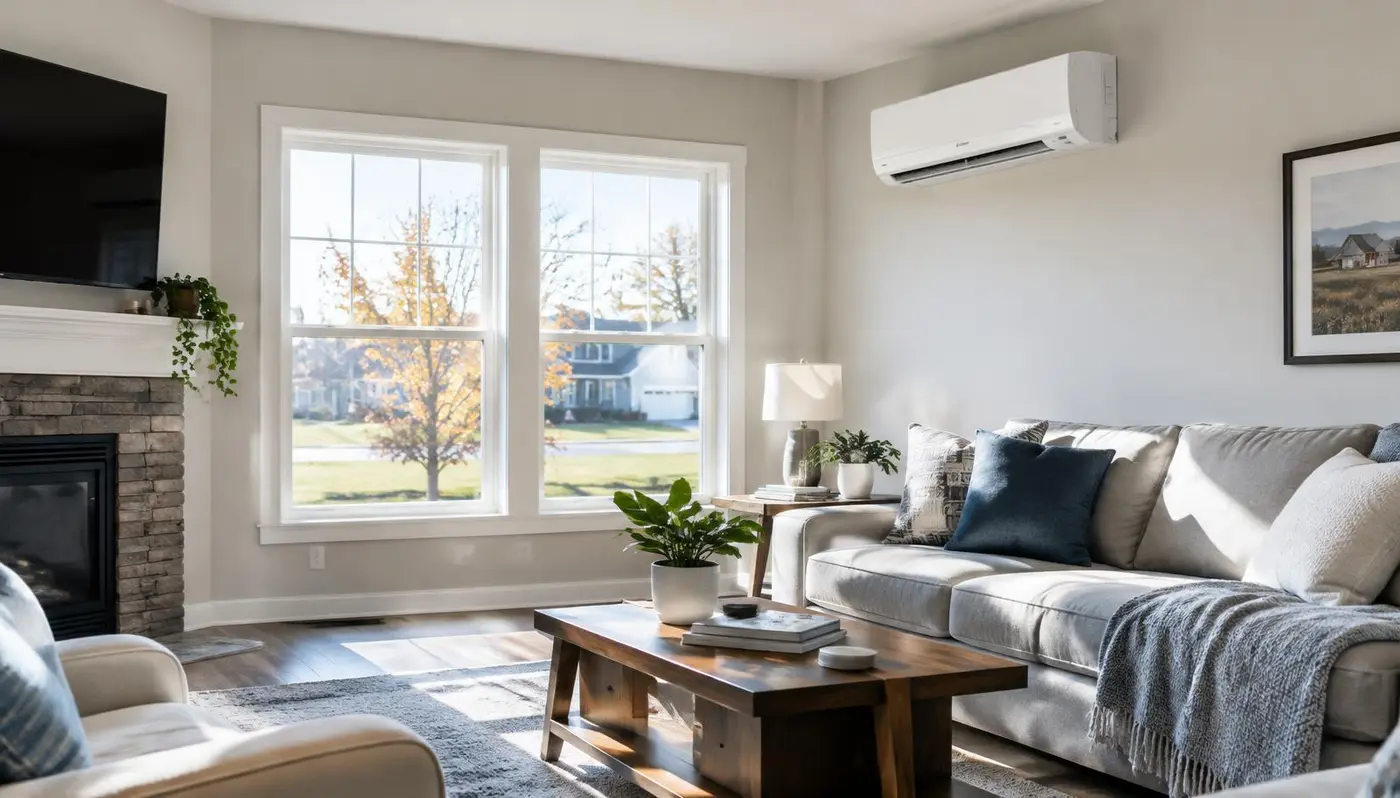 Bright living room cooled by a ductless air conditioner