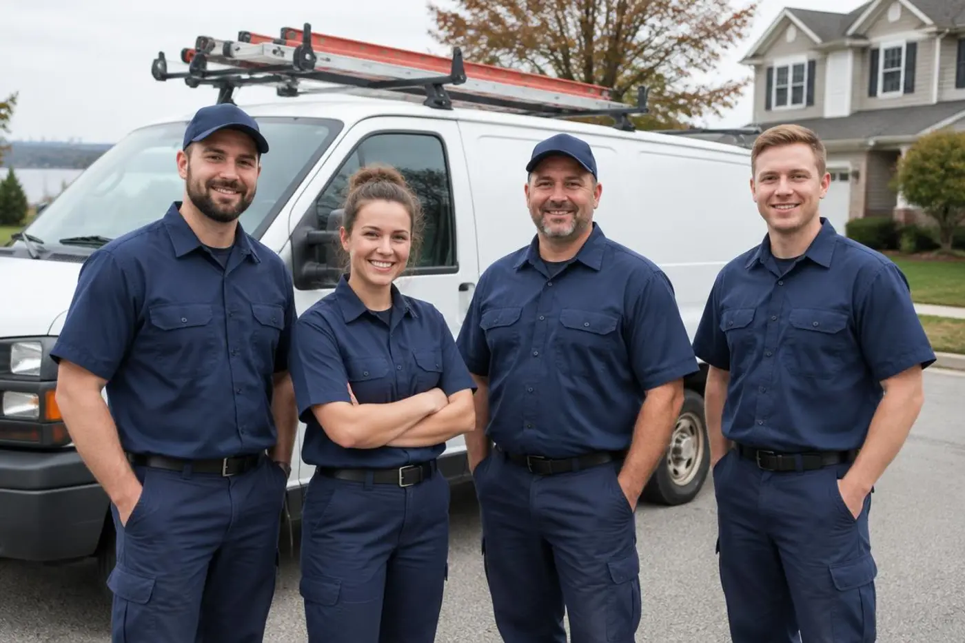 The Mando Air technician team in front of a service van